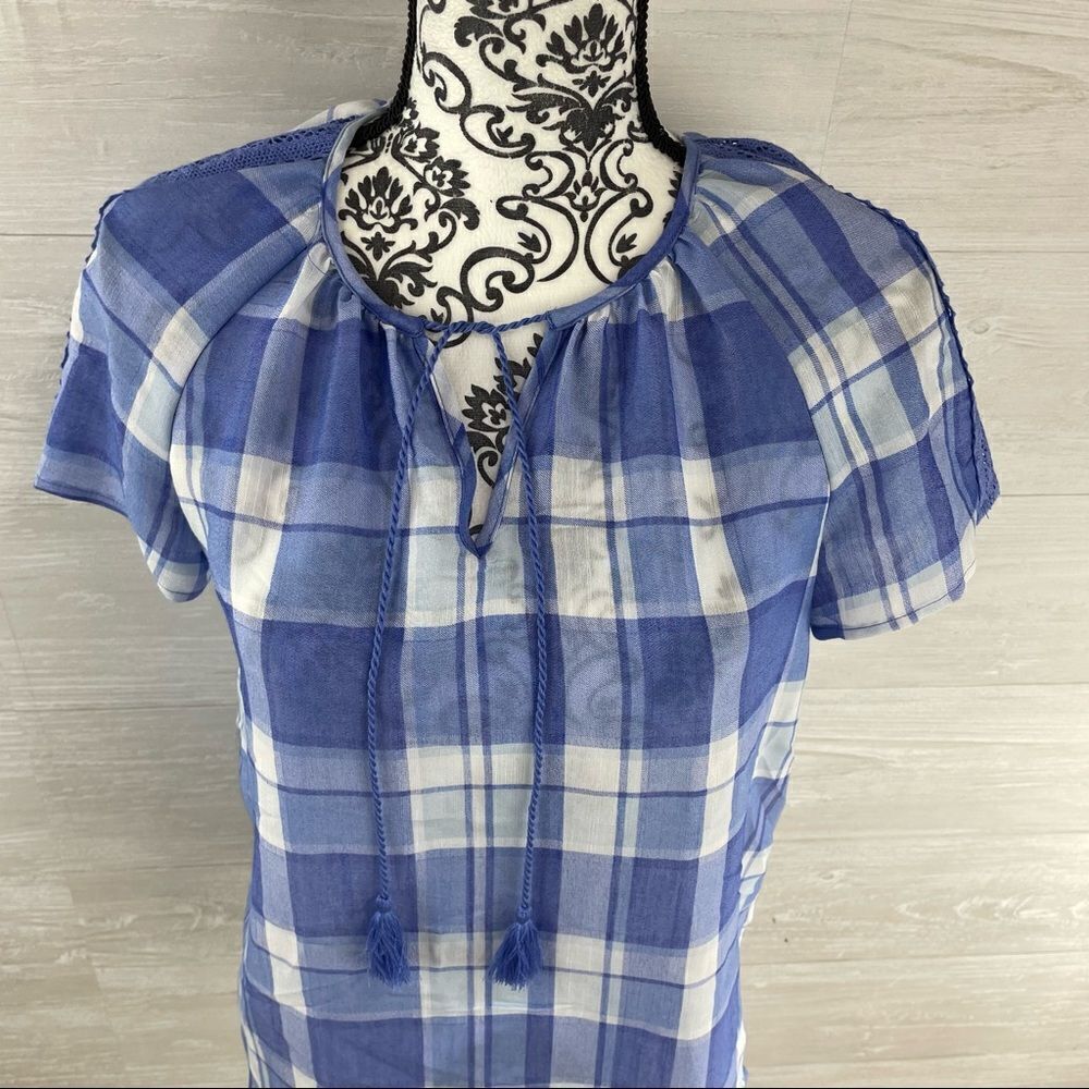 Como Vintage Blue Plaid Tie Collar Peasant Top - Picture 2 of 8